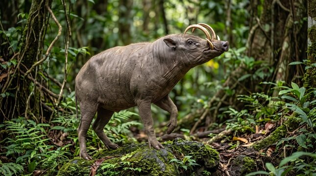 Rare Sulawesi Babirusa Standing on Rock in Tropical Rainforest