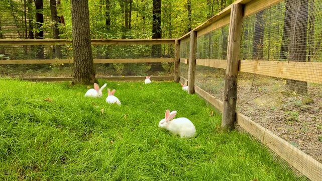 White New Zealand rabbits grazing on fresh green grass inside a zoo enclosure. Domestic albino bunnies resting in a sunny outdoor paddock at a rural farm petting zoo.