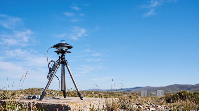 Solar radiation meter on tripod measuring atmospheric weather data in open field
