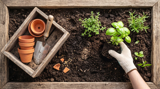 Gloved hand planting fresh green basil seedling in dark soil, terracotta pots nearby gardening herb