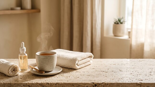 Warm tea cup and folded spa towels on marble table in a cozy neutral room