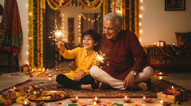 Grandfather and grandson celebrating diwali festival at home with sparklers