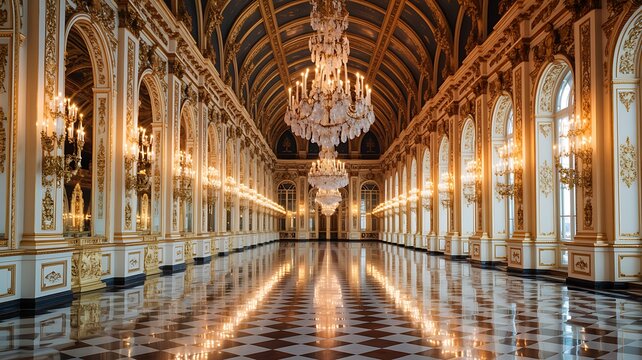 Luxury palace hall with gold details and large chandeliers