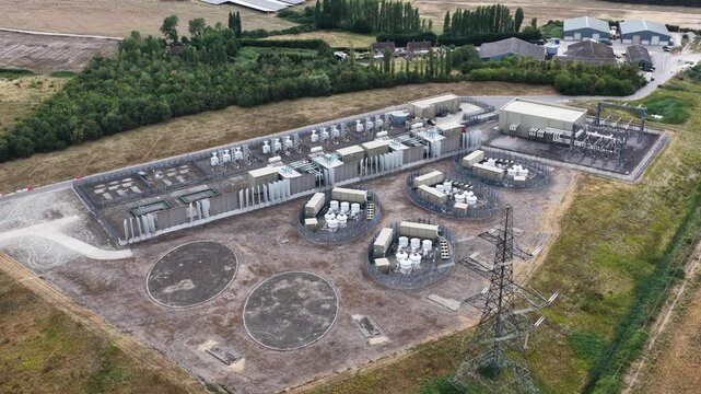 Aerial View of London Array Offshore Wind Farm Onshore Substation at Cleve Hill, Kent, UK