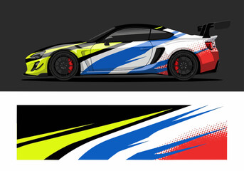 Fototapeta premium Colorful sports car with racing decals and spoiler