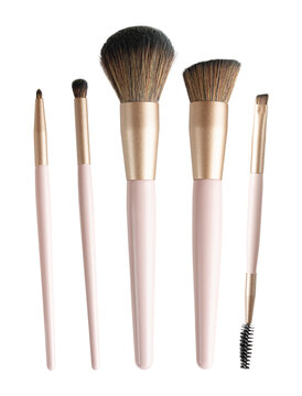 Set of various professional makeup and cosmetic brushes on transparent background, PNG