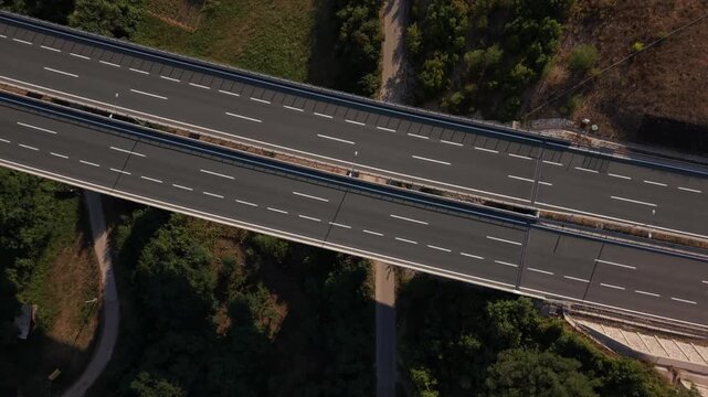 Top Down Aerial Flyover of Highway Viaduct and Lanes on A1 Motorway