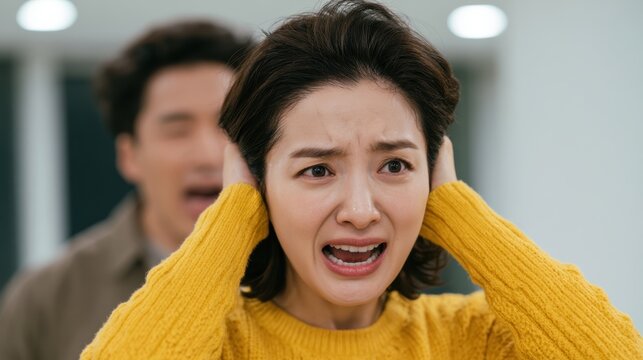 Stressed Woman screaming at her husband and coworkers,overwhelmed by work related stress,mental health,anxiety,,emotional,burnout concept.