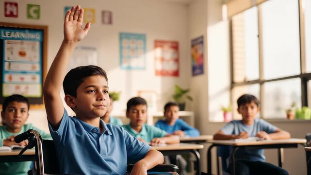 Young boy in a wheelchair raising his hand in a classroom. Disabled student participating in a school lesson. Inclusive education concept