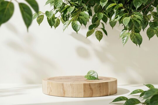 Wooden podium display stand with green leaves for product presentation