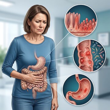 A woman experiencing abdominal pain with medical illustrations showing gastrointestinal inflammation, intestinal bacteria, and stomach ulcers
