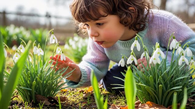 Young child crouching in a spring garden looking at snowdrop flowers. Curious kid exploring nature on a sunny day