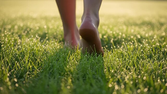 Close-up of bare feet walking on dewy green grass. Person stepping barefoot on a wet lawn in the morning sunlight. Grounding and wellness concept