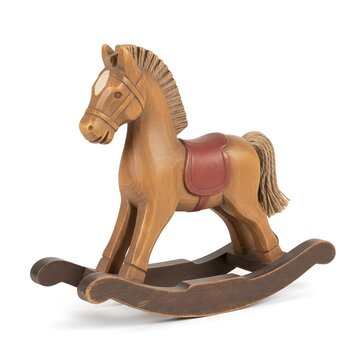 Wooden rocking horse with saddle on a curved base, suitable for children's playtime indoors