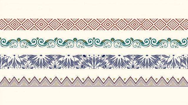 Four decorative horizontal borders with geometric and floral patterns isolated on a transparent background