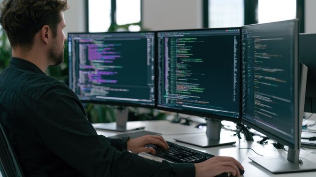 A man in a black shirt, seated at a desk with two computer monitors, typing on a keyboard.