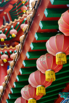 Layers of the temple roof in red, green and yellow of Thean Hou temple, Kuala Lumpur, Malaysia