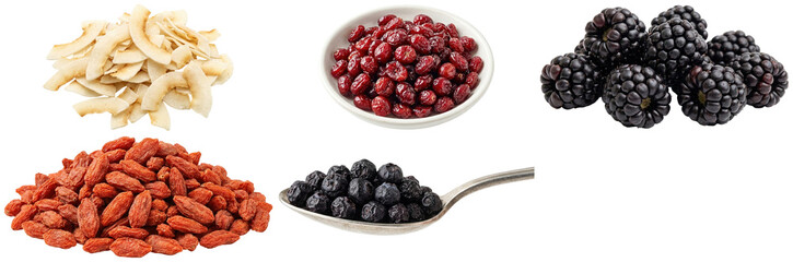 A varied collection of berries and coconut chips styled as healthy snack and topping ingredients. © Leon_Art
