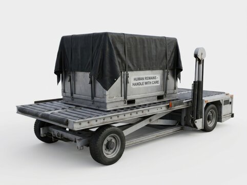 Airport cargo handling equipment transporting a sealed casket container at the airport