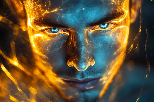 Glowing human figure made of golden light fire particles in darkness showing abstract ethereal beauty and dreamlike energy, generative ai