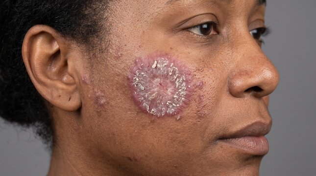 Side profile closeup of dark skin female cheek with severe discoid lupus erythematosus skin lesion
