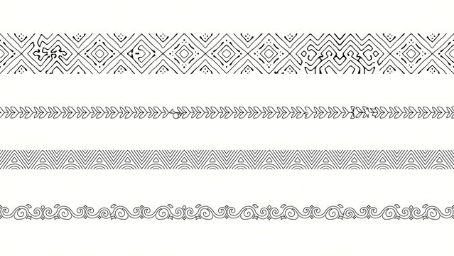 Four horizontal decorative borders with black and white patterns isolated on a transparent background