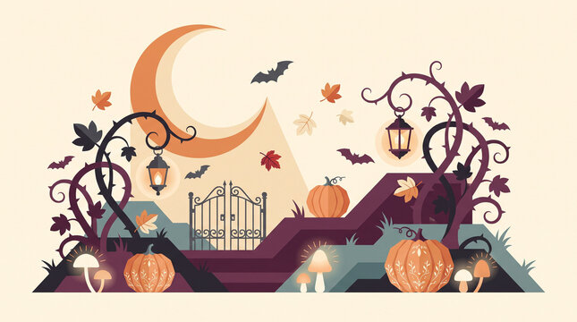 Spooky Fall Halloween Garden Background with Pumpkins Bats and Crescent Moon Flat Vector Illustration