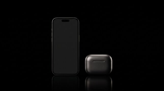 Modern black smartphone and wireless charging case for earbuds on a dark textured background with copy space