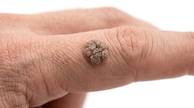 Macro close up shot of common verruca vulgaris wart lesion on human finger