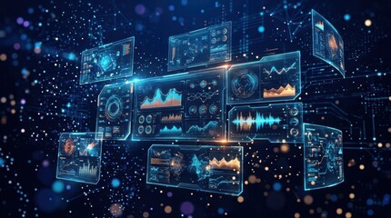 Fototapeta premium Abstract data analysis dashboard with glowing blue and orange charts, representing complex business metrics and financial insights for strategic decision-making.