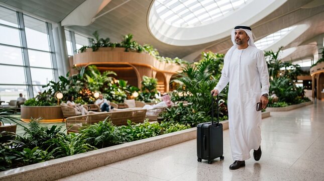 Modern Traveler's Oasis: A distinguished man in traditional attire walks through a contemporary airport terminal, pulling a suitcase, surrounded by lush indoor plants and elegant seating areas.