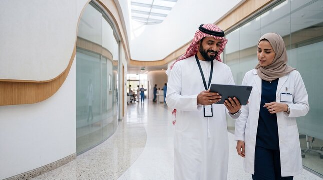 Collaboration in Healthcare: A male doctor in traditional Saudi attire and a female doctor in a lab coat walk through a modern hospital corridor, reviewing information on a digital tablet.