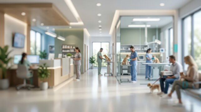 Veterinary clinic interior with staff attending to pets in a bright waiting room. People sit with their animals while medical professionals work in the background with soft focus.