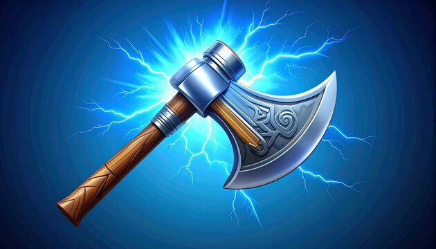 Mjolnir hammer with lightning power on blue background
