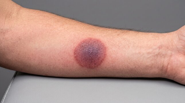 Close up of human forearm showing large round dark purple bruise fixed drug eruption lesion