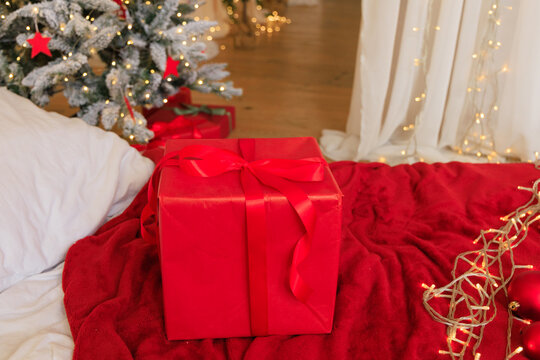 Gift box on red blanket near Christmas tree and lights
