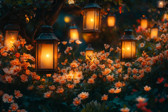 Generative AI illustration of magical forest filled with night blooming flowers like moonflower eveningprimrose and nightphlox glowing in moonlight