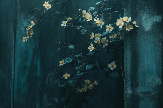 Generative AI illustration of magical forest filled with night blooming flowers like moonflower eveningprimrose and nightphlox glowing in moonlight