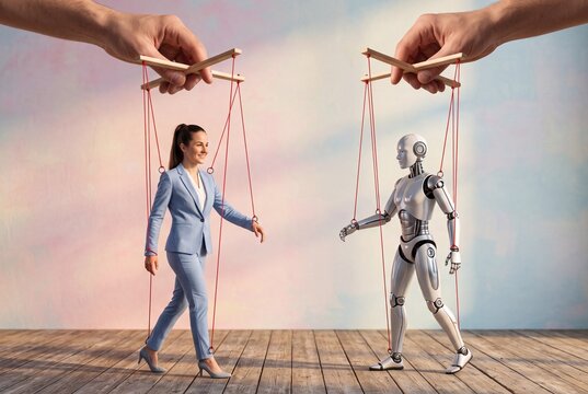 Puppeteer hands control businesswoman and robot marionette with strings