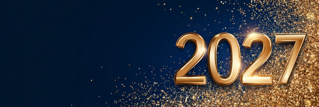 Festive new year 2027 celebration background with golden sparkles and copy space for corporate goals and messages