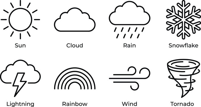 Weather conditions outline icon set including various atmospheric phenomena for forecasting and environmental representation.