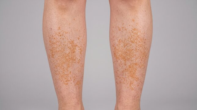 Front view of human lower legs showing pigmented purpuric dermatosis rash on shins