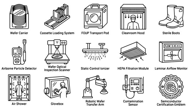 Semiconductor manufacturing icons, 15 cleanroom equipment line art vectors, microchip production and laboratory hardware set