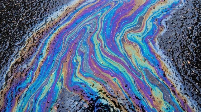 Iridescent oil slick on wet asphalt surface creating abstract rainbow patterns with swirling colors, perfect for backgrounds.