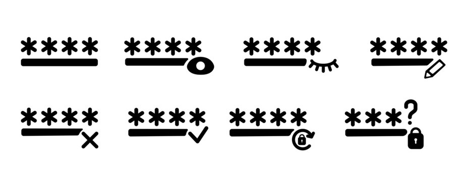 Password management glyph icons set including create password, edit password, show and hide password, password validation, reset and forgot password for web and mobile UI design.