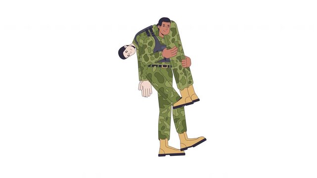 Military evacuation training fireman carry cartoon animation. Casualty rescue. Combat lifesaving skill. Soldiers emergency drill animated flat 2D characters 4K video on transparent white background