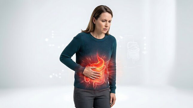 Woman experiencing severe abdominal pain and digestive discomfort with a glowing internal organ visualization isolated on white background
