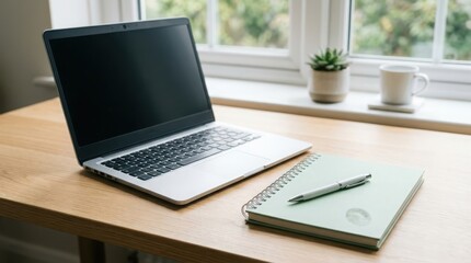 Fototapeta premium Open laptop placed on wooden desk with spiral notebook and black pen alongside small succulent plant and ceramic coffee mug near window for productive remote work home environment.