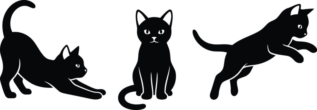 Stretching sitting and jumping black cat silhouettes vector set for pet care branding identity.