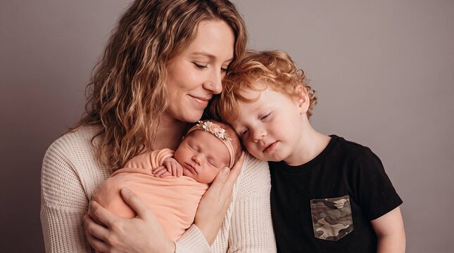 Loving mother holding newborn baby and toddler son in tender studio family portrait